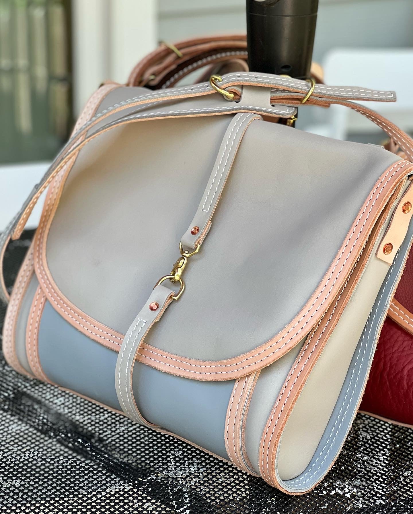 Slim Leather Satchel - Grey and Pale Blue