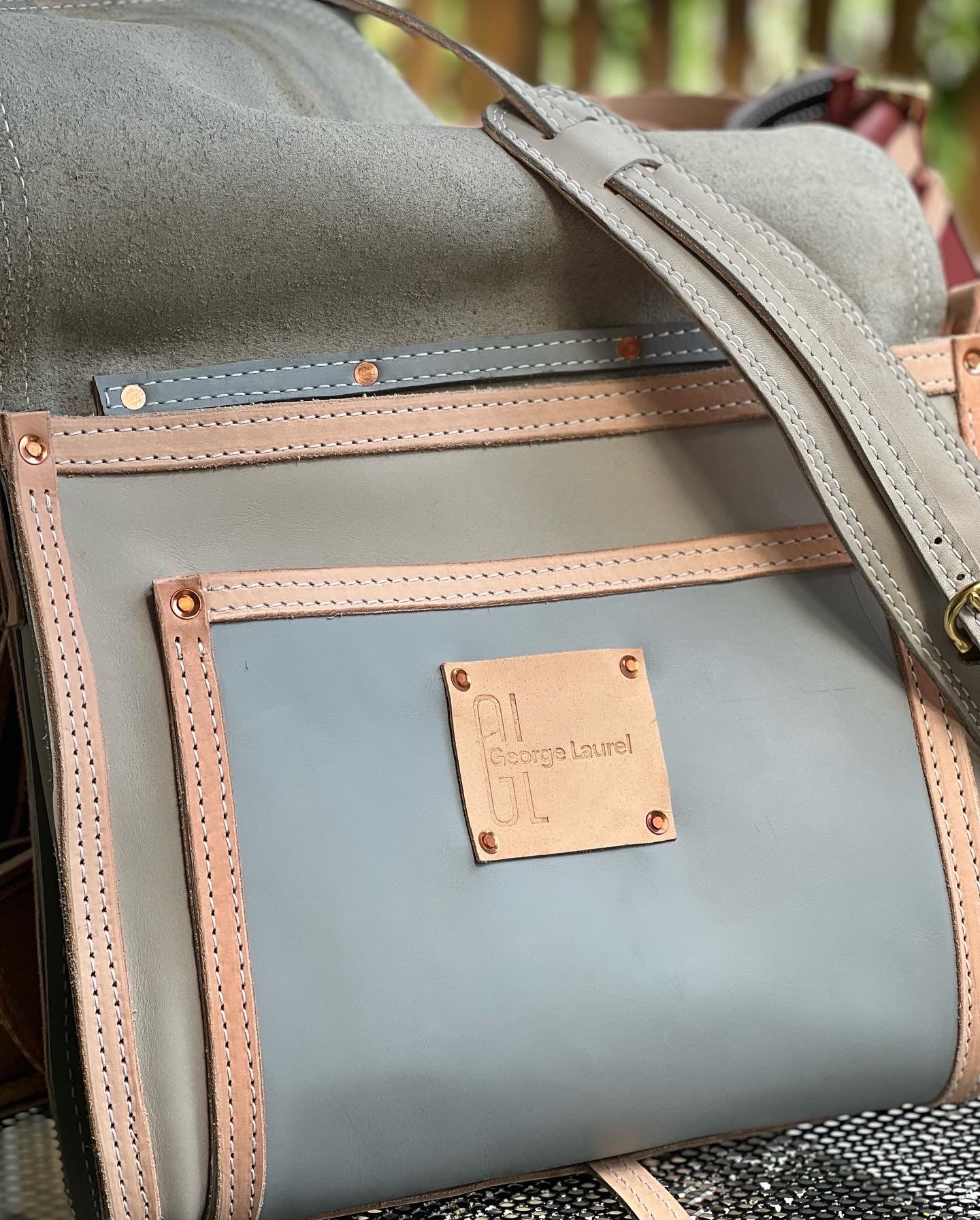 Slim Leather Satchel - Grey and Pale Blue