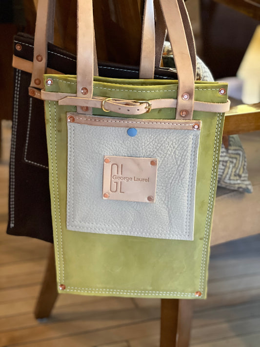 Leather Flat Tote Bright Green and White