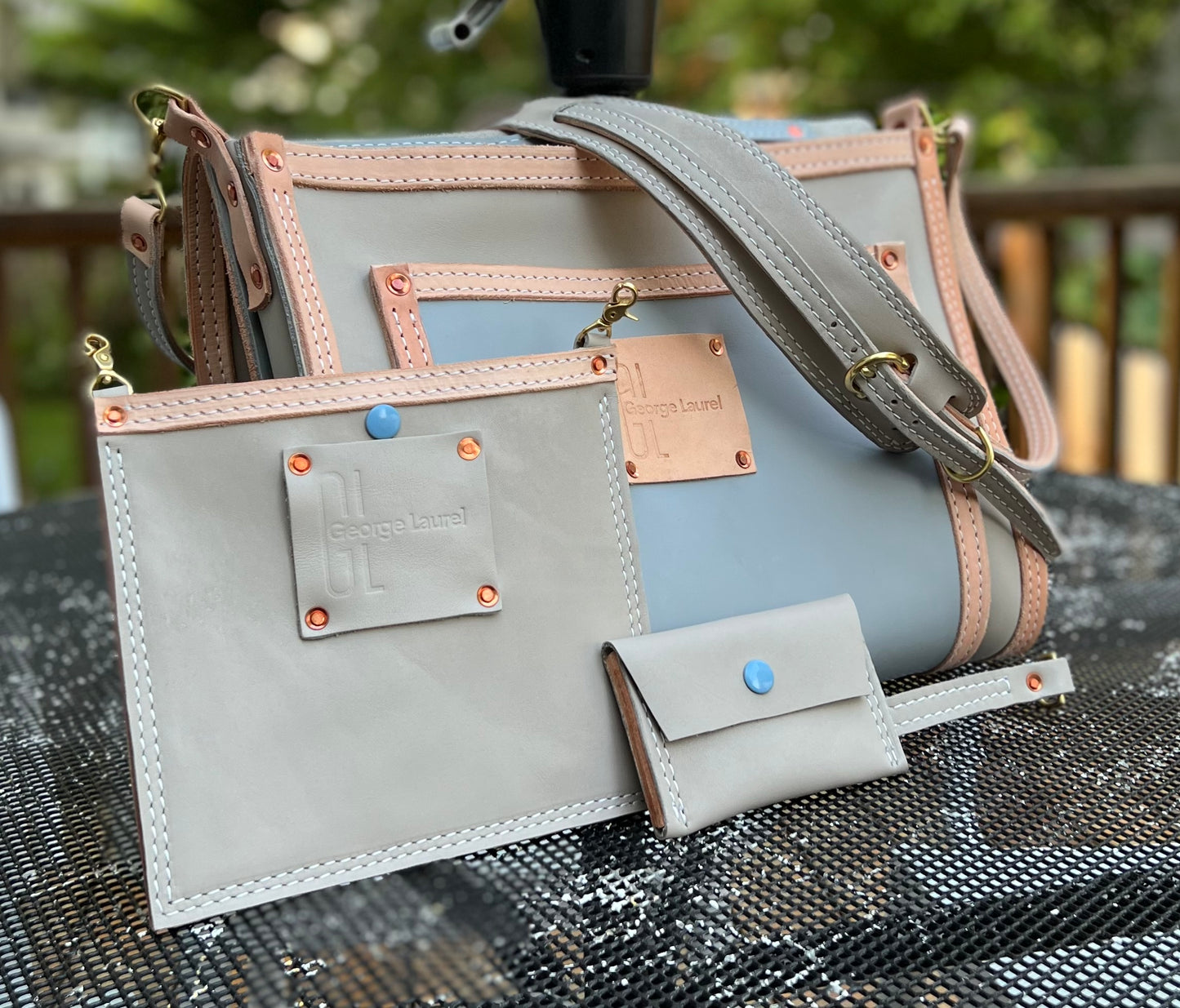 Slim Leather Satchel - Grey and Pale Blue