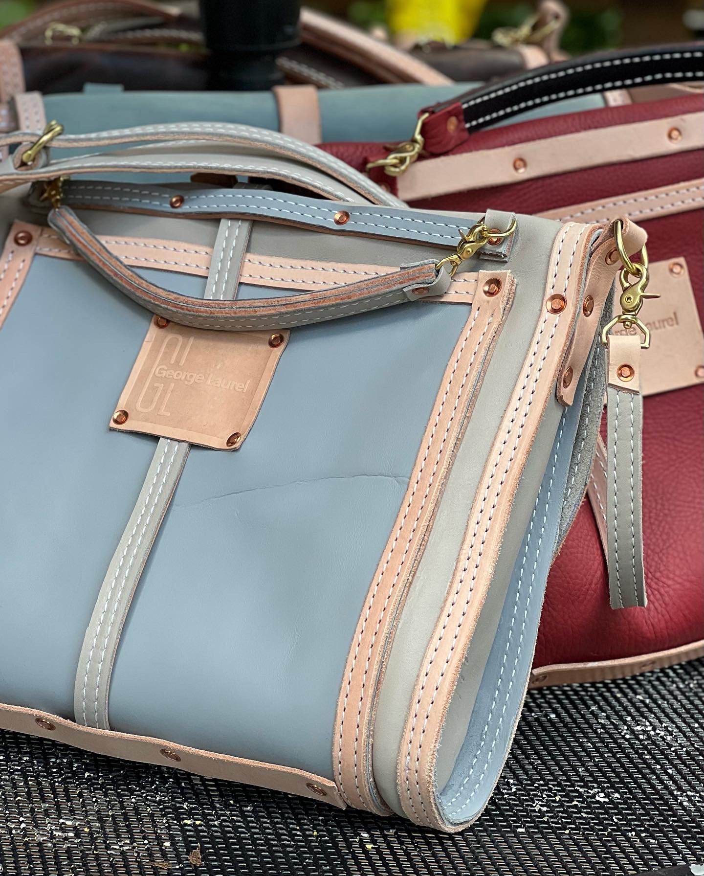 Slim Leather Satchel - Grey and Pale Blue